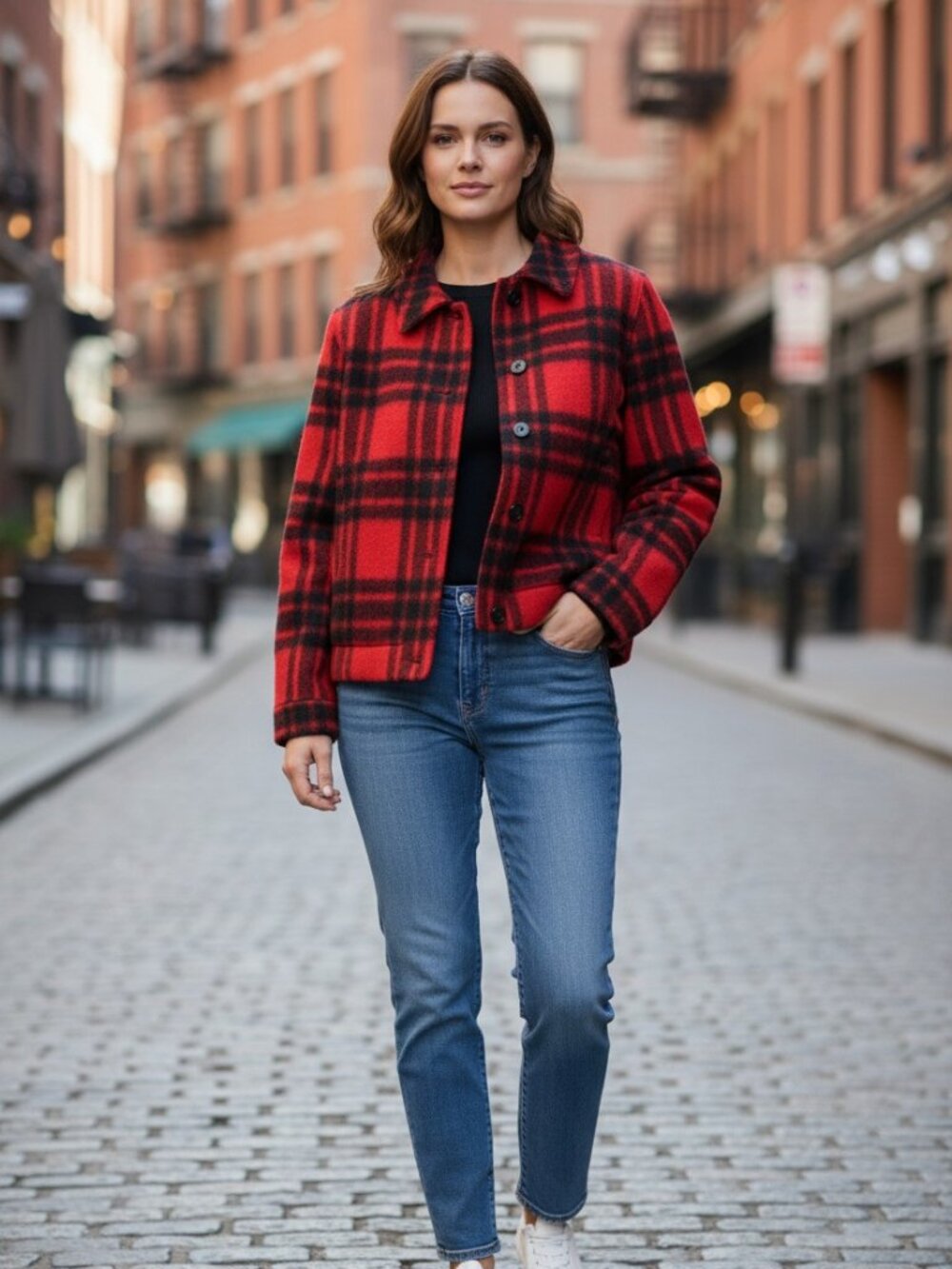 VTG Madison Outdoors Wool Lined Black Red Buffalo Plaid Jacket Size 8 ILGWU Tag